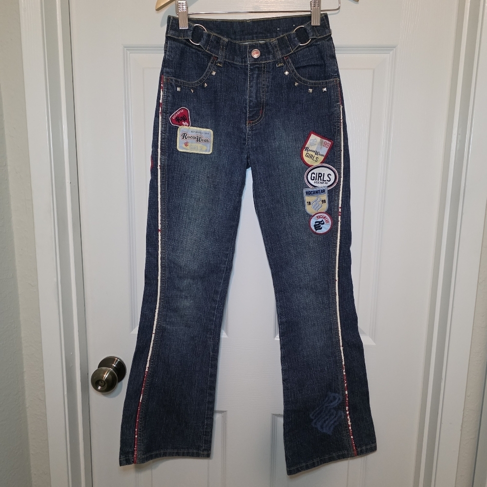 Vintage Rocawear Jeans Girls 12 Blue Denim Jeans Embroidered Patches